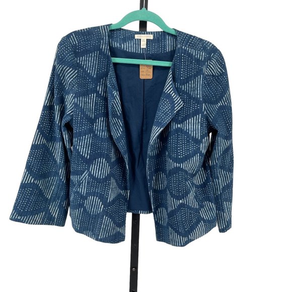 Eileen Fisher HAND-PRINTED Jacket Womens M/M Organic Cotton Indigo Blue Cardigan - Picture 2 of 7